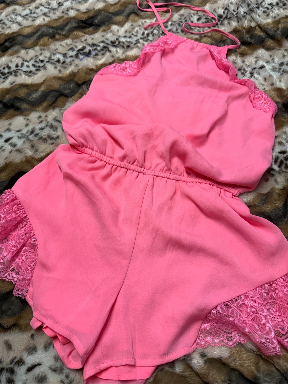 Guess Hot Pink Lace-Trim High Neck Romper